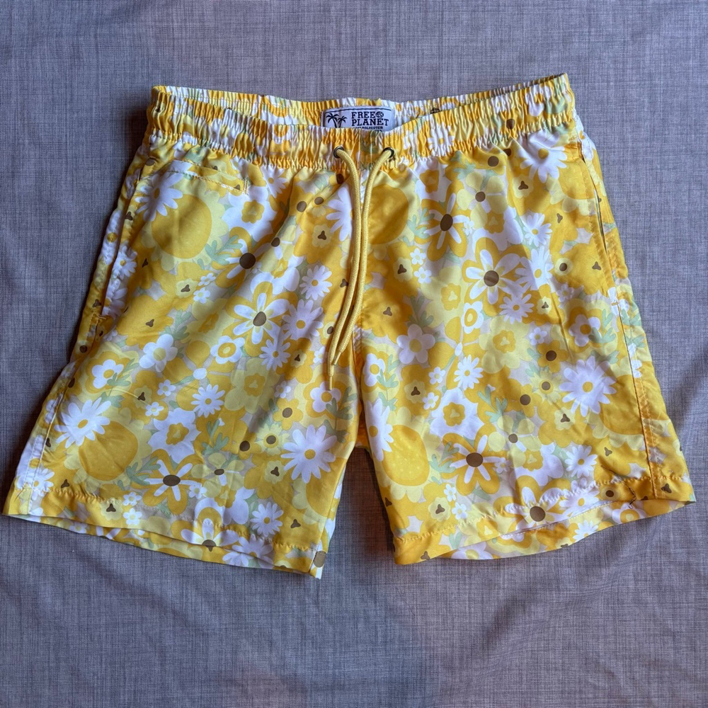Free Planet M Yellow White Floral Swim Trunks